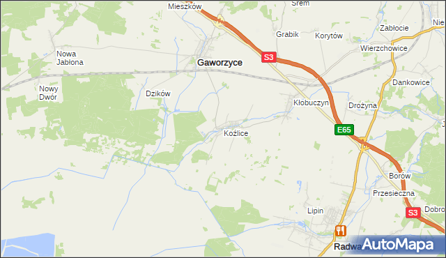 mapa Koźlice gmina Gaworzyce, Koźlice gmina Gaworzyce na mapie Targeo