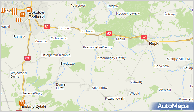 mapa Krasnodęby-Rafały, Krasnodęby-Rafały na mapie Targeo