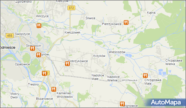 mapa Krzyków gmina Czernica, Krzyków gmina Czernica na mapie Targeo