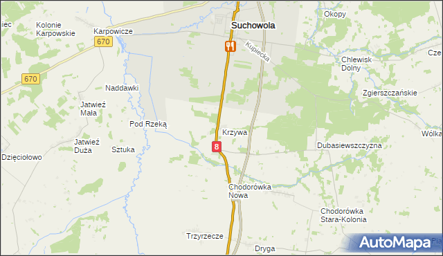 mapa Krzywa gmina Suchowola, Krzywa gmina Suchowola na mapie Targeo