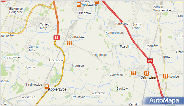 mapa Księginice gmina Kobierzyce, Księginice gmina Kobierzyce na mapie Targeo