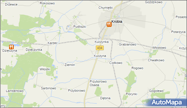 mapa Kuczyna gmina Krobia, Kuczyna gmina Krobia na mapie Targeo