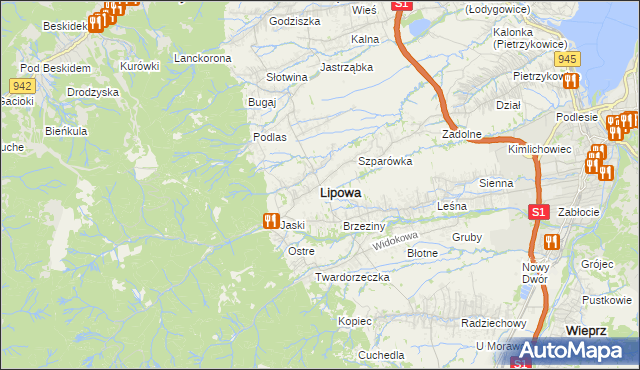 mapa Lipowa powiat żywiecki, Lipowa powiat żywiecki na mapie Targeo