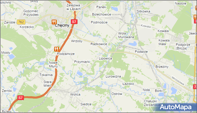 mapa Lipowica gmina Chęciny, Lipowica gmina Chęciny na mapie Targeo