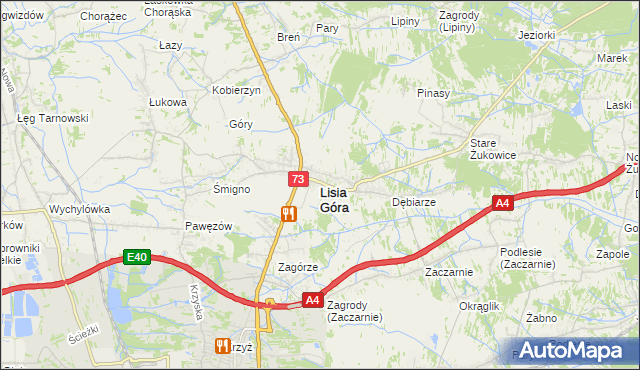 mapa Lisia Góra powiat tarnowski, Lisia Góra powiat tarnowski na mapie Targeo