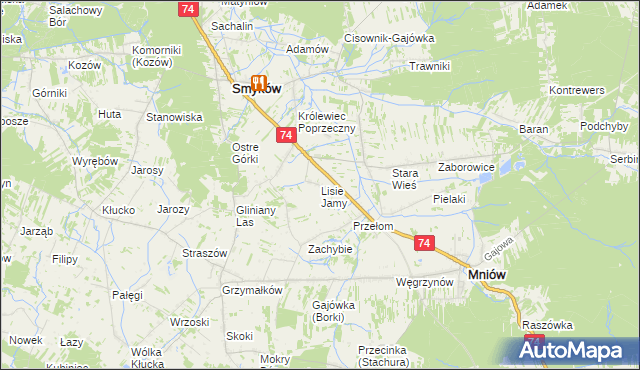 mapa Lisie Jamy gmina Mniów, Lisie Jamy gmina Mniów na mapie Targeo