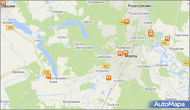 mapa Ludwikowo gmina Mosina, Ludwikowo gmina Mosina na mapie Targeo