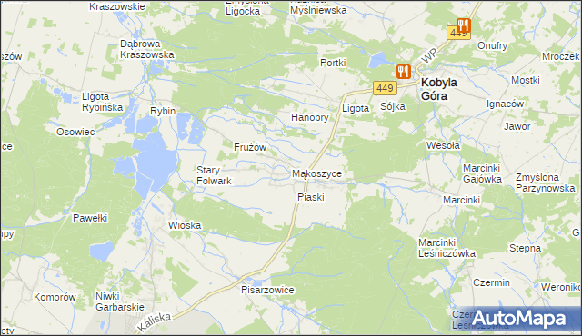 mapa Mąkoszyce gmina Kobyla Góra, Mąkoszyce gmina Kobyla Góra na mapie Targeo