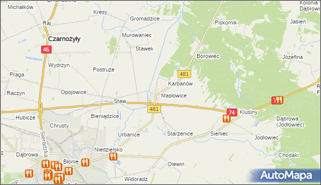 mapa Masłowice gmina Wieluń, Masłowice gmina Wieluń na mapie Targeo