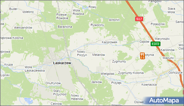 mapa Melanów gmina Łaskarzew, Melanów gmina Łaskarzew na mapie Targeo