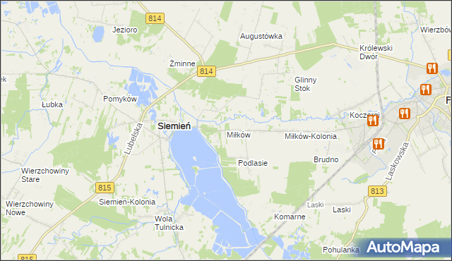 mapa Miłków gmina Siemień, Miłków gmina Siemień na mapie Targeo