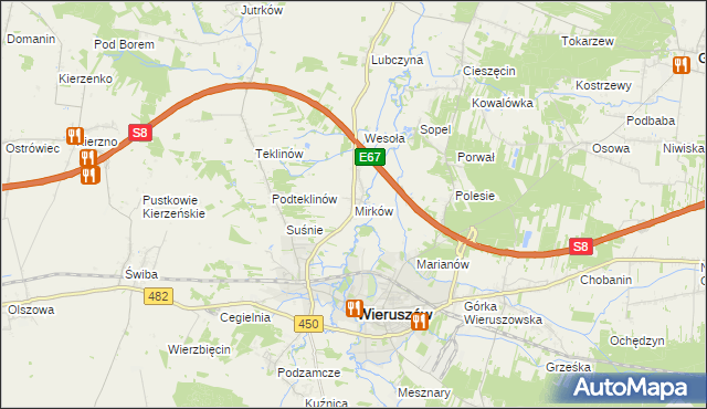 mapa Mirków gmina Wieruszów, Mirków gmina Wieruszów na mapie Targeo