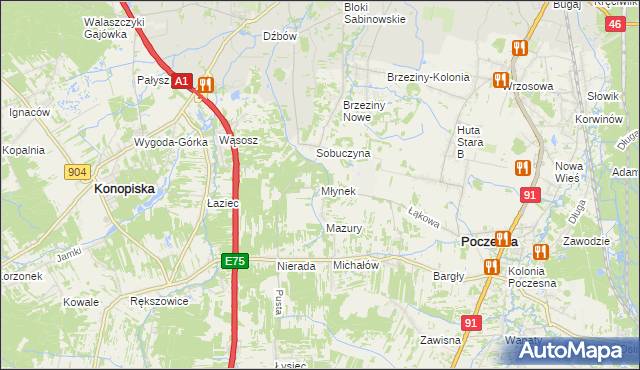 mapa Młynek gmina Poczesna, Młynek gmina Poczesna na mapie Targeo