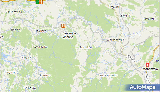 mapa Mniszków gmina Janowice Wielkie, Mniszków gmina Janowice Wielkie na mapie Targeo