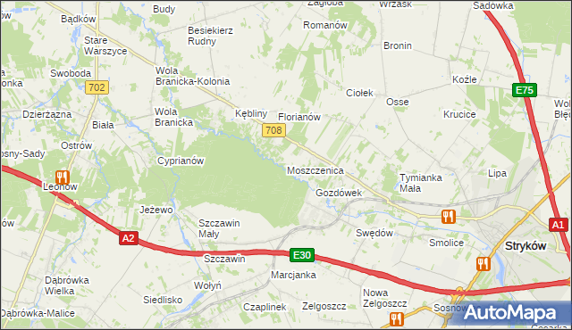 mapa Moszczenica gmina Zgierz, Moszczenica gmina Zgierz na mapie Targeo