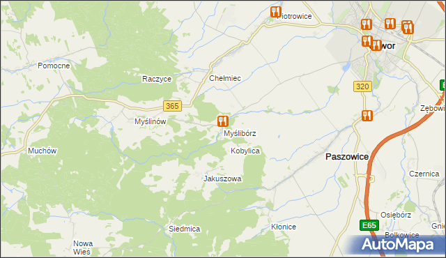 mapa Myślibórz gmina Paszowice, Myślibórz gmina Paszowice na mapie Targeo