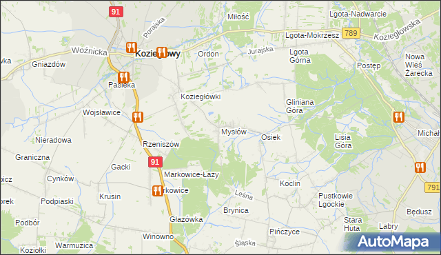 mapa Mysłów gmina Koziegłowy, Mysłów gmina Koziegłowy na mapie Targeo