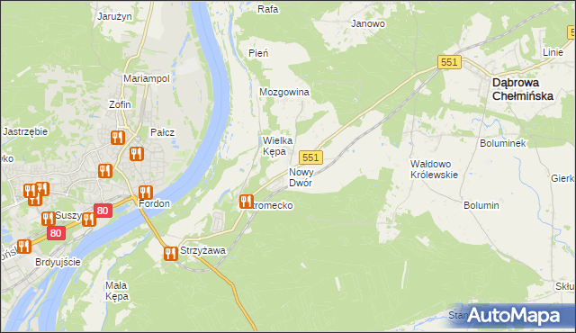 mapa Nowy Dwór gmina Dąbrowa Chełmińska, Nowy Dwór gmina Dąbrowa Chełmińska na mapie Targeo