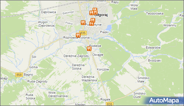 mapa Okrągłe gmina Biłgoraj, Okrągłe gmina Biłgoraj na mapie Targeo