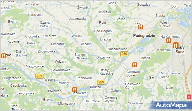mapa Olszanka gmina Podegrodzie, Olszanka gmina Podegrodzie na mapie Targeo