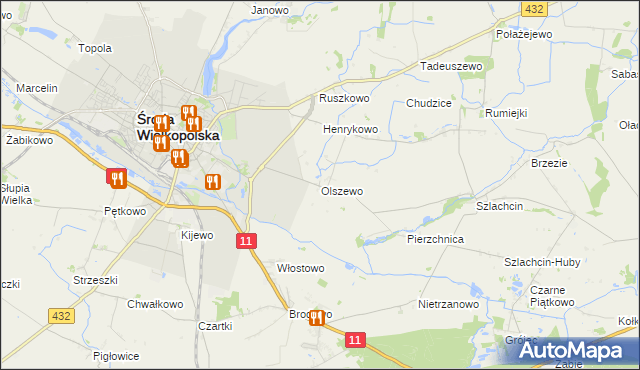 mapa Olszewo gmina Środa Wielkopolska, Olszewo gmina Środa Wielkopolska na mapie Targeo