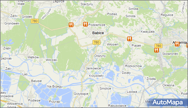 mapa Olszyny gmina Babice, Olszyny gmina Babice na mapie Targeo