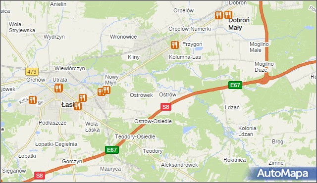 mapa Ostrów gmina Łask, Ostrów gmina Łask na mapie Targeo