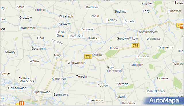 mapa Ostrów gmina Proszowice, Ostrów gmina Proszowice na mapie Targeo