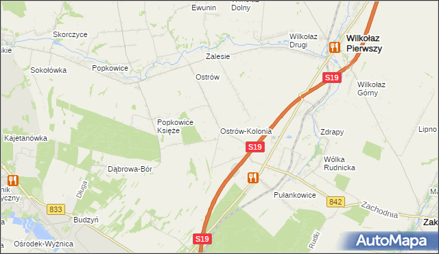 mapa Ostrów-Kolonia gmina Wilkołaz, Ostrów-Kolonia gmina Wilkołaz na mapie Targeo