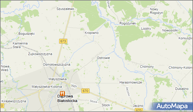 mapa Ostrowie gmina Dąbrowa Białostocka, Ostrowie gmina Dąbrowa Białostocka na mapie Targeo