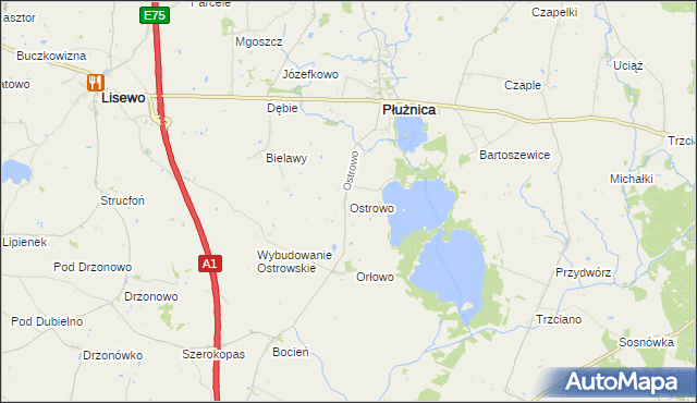 mapa Ostrowo gmina Płużnica, Ostrowo gmina Płużnica na mapie Targeo