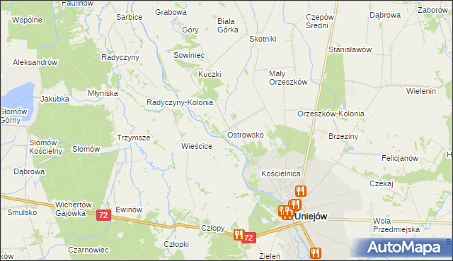 mapa Ostrowsko gmina Uniejów, Ostrowsko gmina Uniejów na mapie Targeo