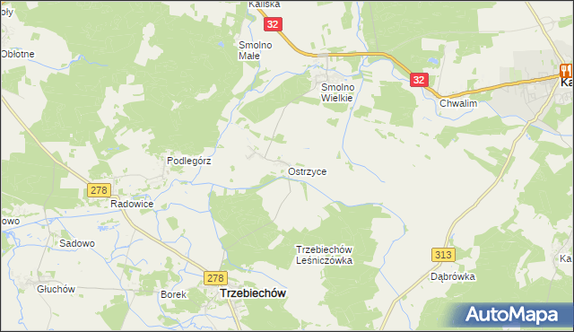 mapa Ostrzyce gmina Trzebiechów, Ostrzyce gmina Trzebiechów na mapie Targeo