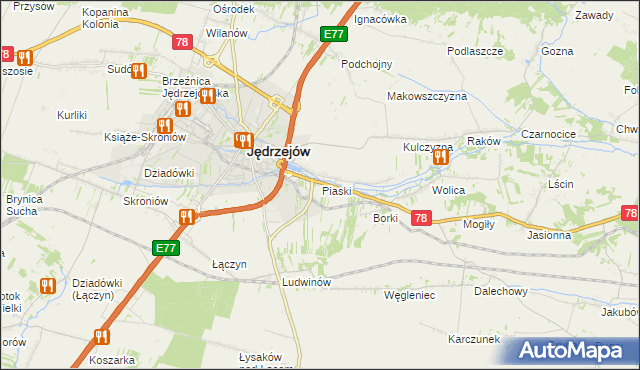 mapa Piaski gmina Jędrzejów, Piaski gmina Jędrzejów na mapie Targeo