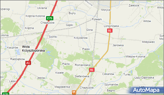 mapa Piaski gmina Wola Krzysztoporska, Piaski gmina Wola Krzysztoporska na mapie Targeo