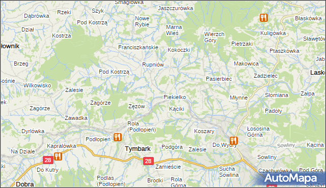 mapa Piekiełko gmina Tymbark, Piekiełko gmina Tymbark na mapie Targeo