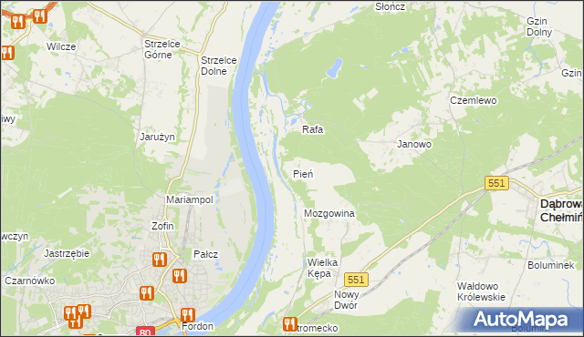 mapa Pień gmina Dąbrowa Chełmińska, Pień gmina Dąbrowa Chełmińska na mapie Targeo