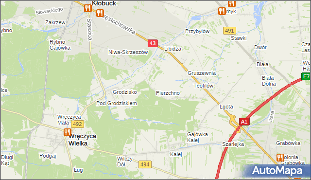 mapa Pierzchno gmina Wręczyca Wielka, Pierzchno gmina Wręczyca Wielka na mapie Targeo