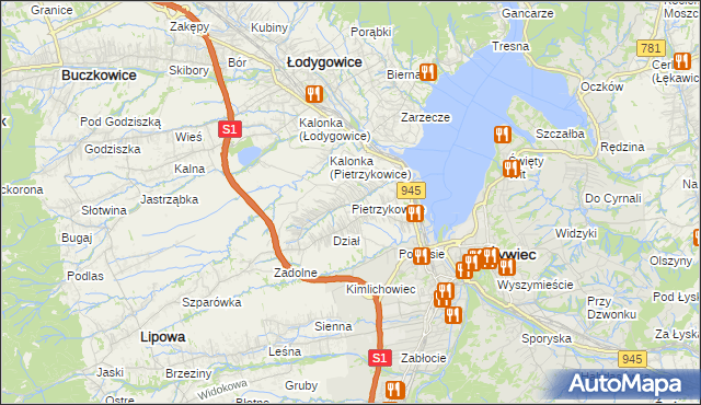 mapa Pietrzykowice gmina Łodygowice, Pietrzykowice gmina Łodygowice na mapie Targeo