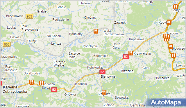 mapa Podchybie gmina Lanckorona, Podchybie gmina Lanckorona na mapie Targeo