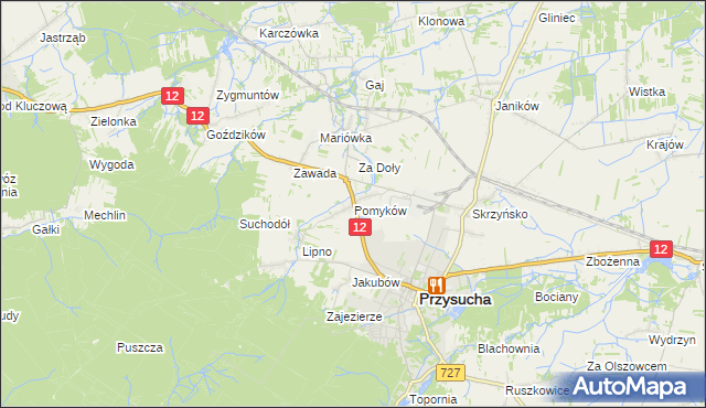 mapa Pomyków gmina Przysucha, Pomyków gmina Przysucha na mapie Targeo