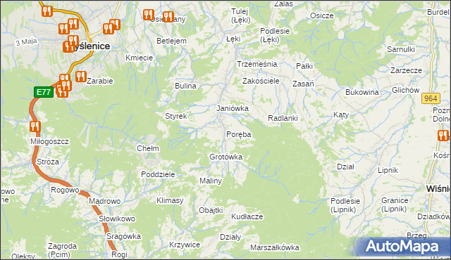 mapa Poręba gmina Myślenice, Poręba gmina Myślenice na mapie Targeo