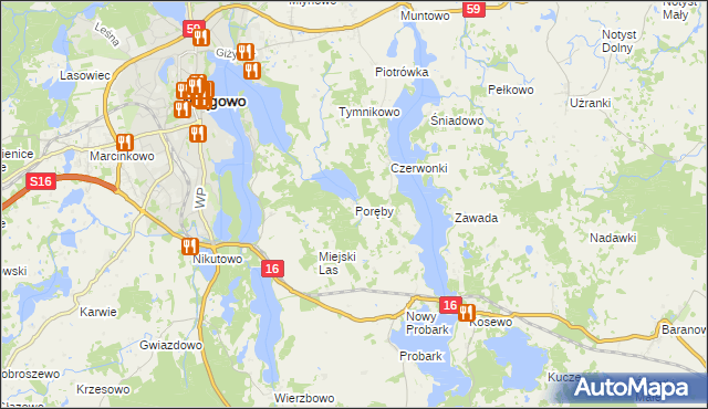 mapa Poręby gmina Mrągowo, Poręby gmina Mrągowo na mapie Targeo