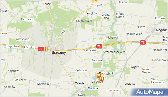 mapa Przecław gmina Brzeziny, Przecław gmina Brzeziny na mapie Targeo