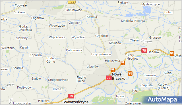mapa Przybysławice gmina Nowe Brzesko, Przybysławice gmina Nowe Brzesko na mapie Targeo
