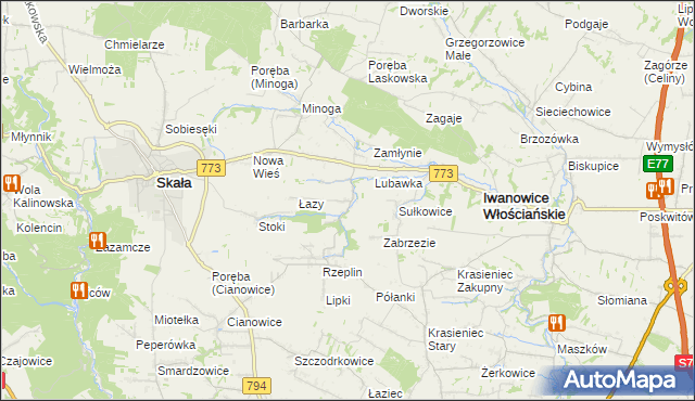 mapa Przybysławice gmina Skała, Przybysławice gmina Skała na mapie Targeo