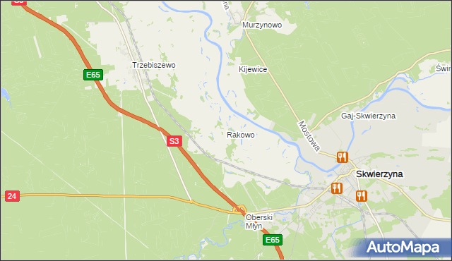 mapa Rakowo gmina Skwierzyna, Rakowo gmina Skwierzyna na mapie Targeo