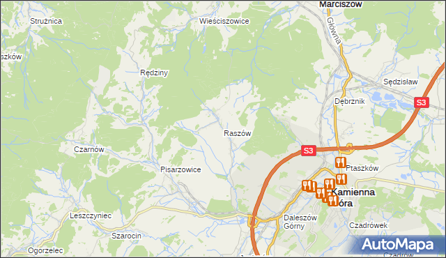 mapa Raszów gmina Kamienna Góra, Raszów gmina Kamienna Góra na mapie Targeo