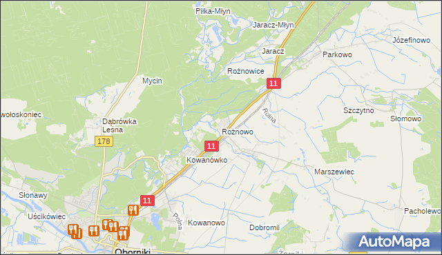 mapa Rożnowo gmina Oborniki, Rożnowo gmina Oborniki na mapie Targeo