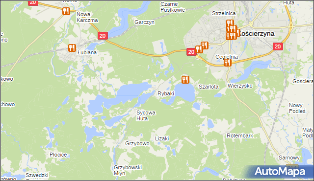 mapa Rybaki gmina Kościerzyna, Rybaki gmina Kościerzyna na mapie Targeo